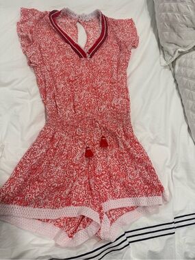 Poupette St. Barth Red & White Printed Romper with Tassel Tie